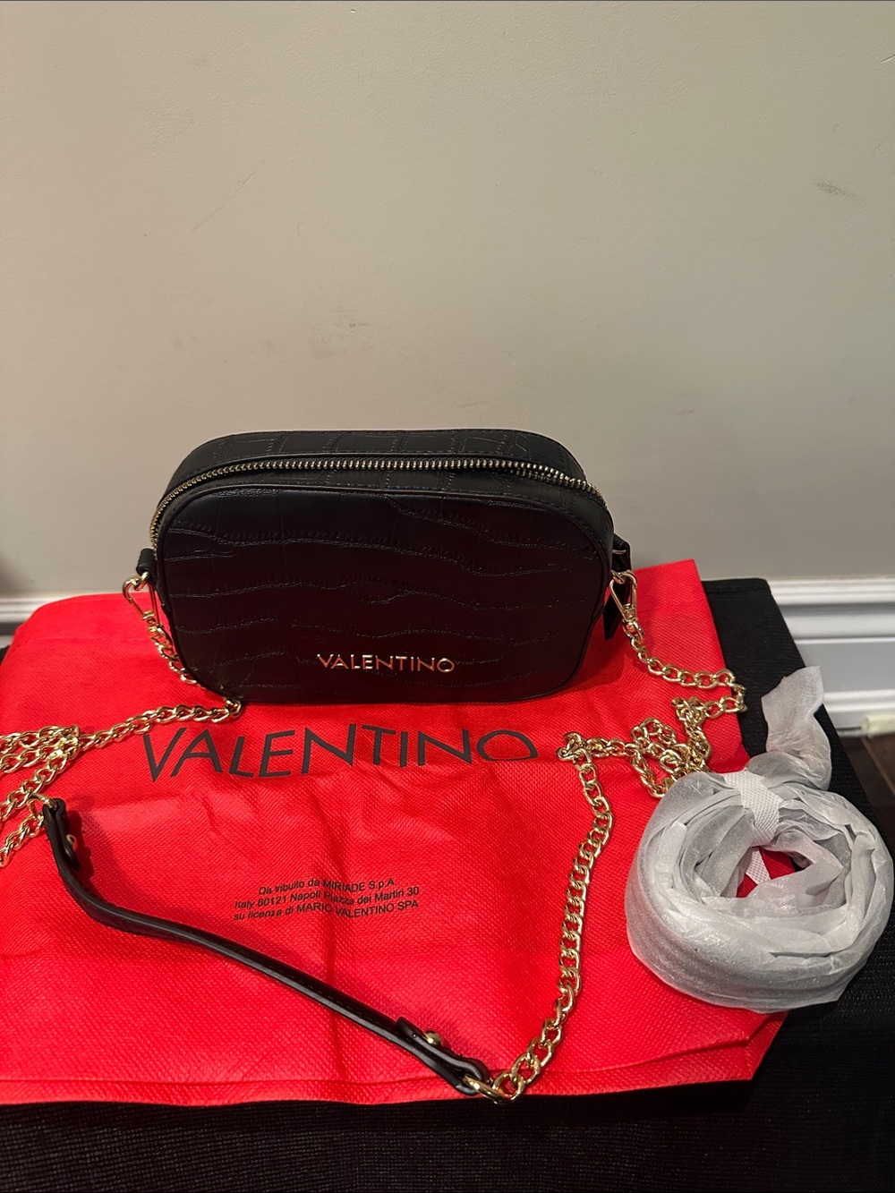 Mario Valentino Black Croc-Embossed Leather Chain Crossbody